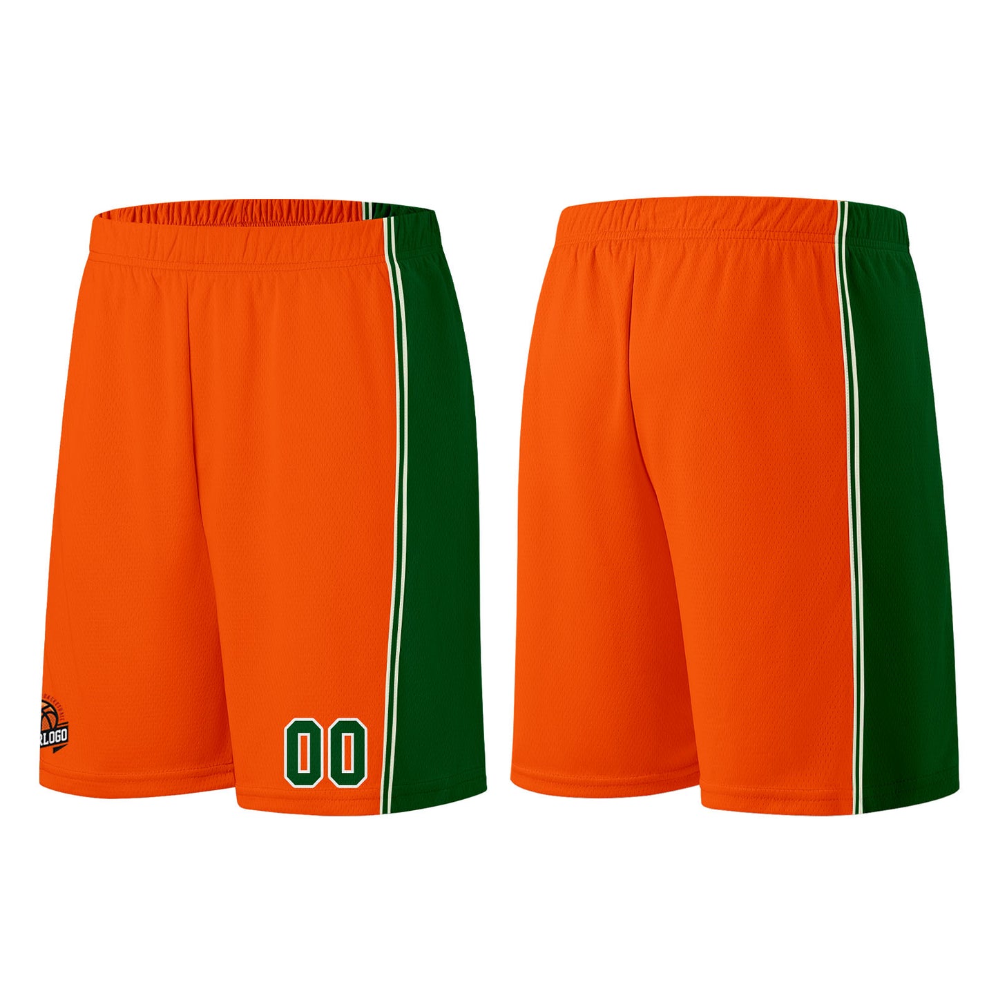 Individuelle Orange-Grün Basketball Jersey Shorts für Männer und Frauen Gestickter und gedruckter Name, Nummer und Logo