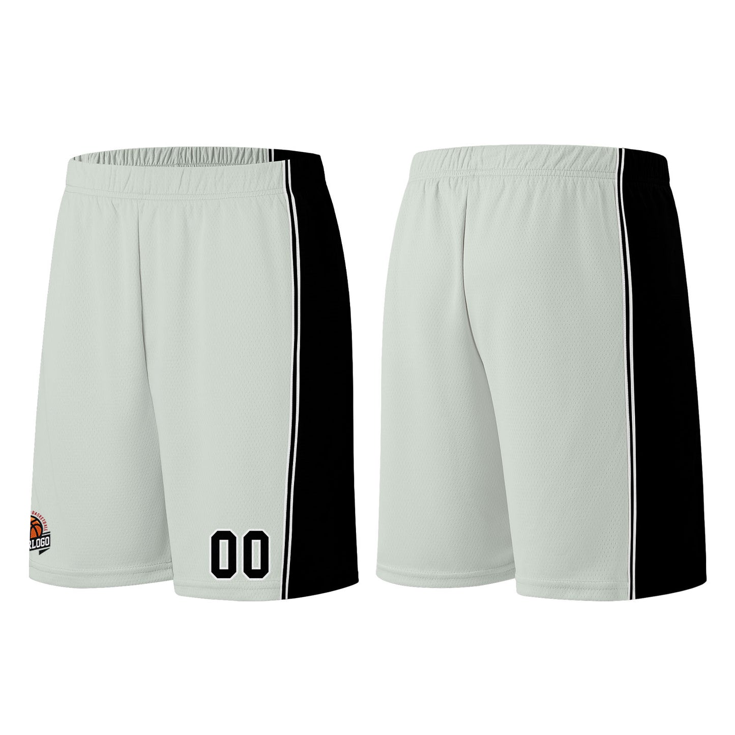 Individuelle Grau-Schwarz Basketball Jersey Shorts für Männer und Frauen Gestickter und gedruckter Name, Nummer und Logo