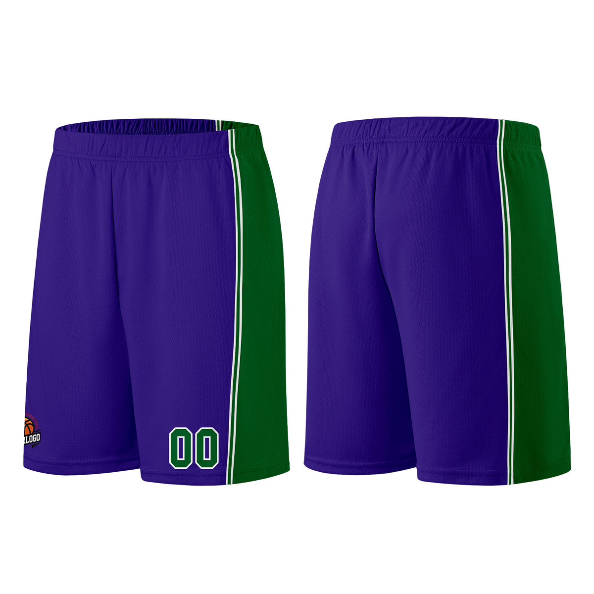 Individuelle Lila Grün Basketball Jersey Shorts für Männer und Frauen Gestickter und gedruckter Name, Nummer und Logo