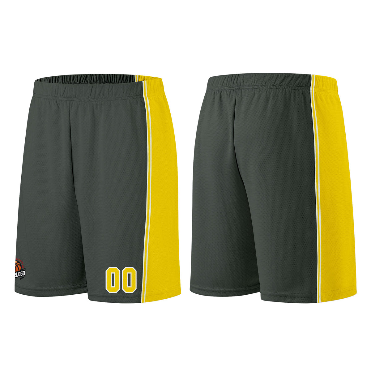 Individuelle Dunkelgrau-Gelb Basketball Jersey Shorts für Männer und Frauen Gestickter und gedruckter Name, Nummer und Logo