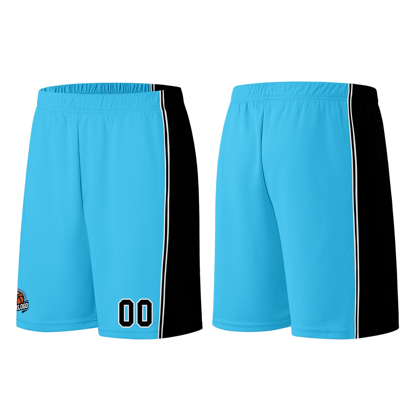 Individuelle Hellblau Schwarz Basketball Jersey Shorts für Männer und Frauen Gestickter und gedruckter Name, Nummer und Logo