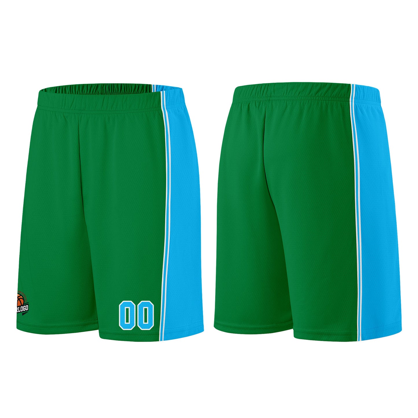 Individuelle Kellygrün Hellblau Basketball Jersey Shorts für Männer und Frauen Gestickter und gedruckter Name, Nummer und Logo