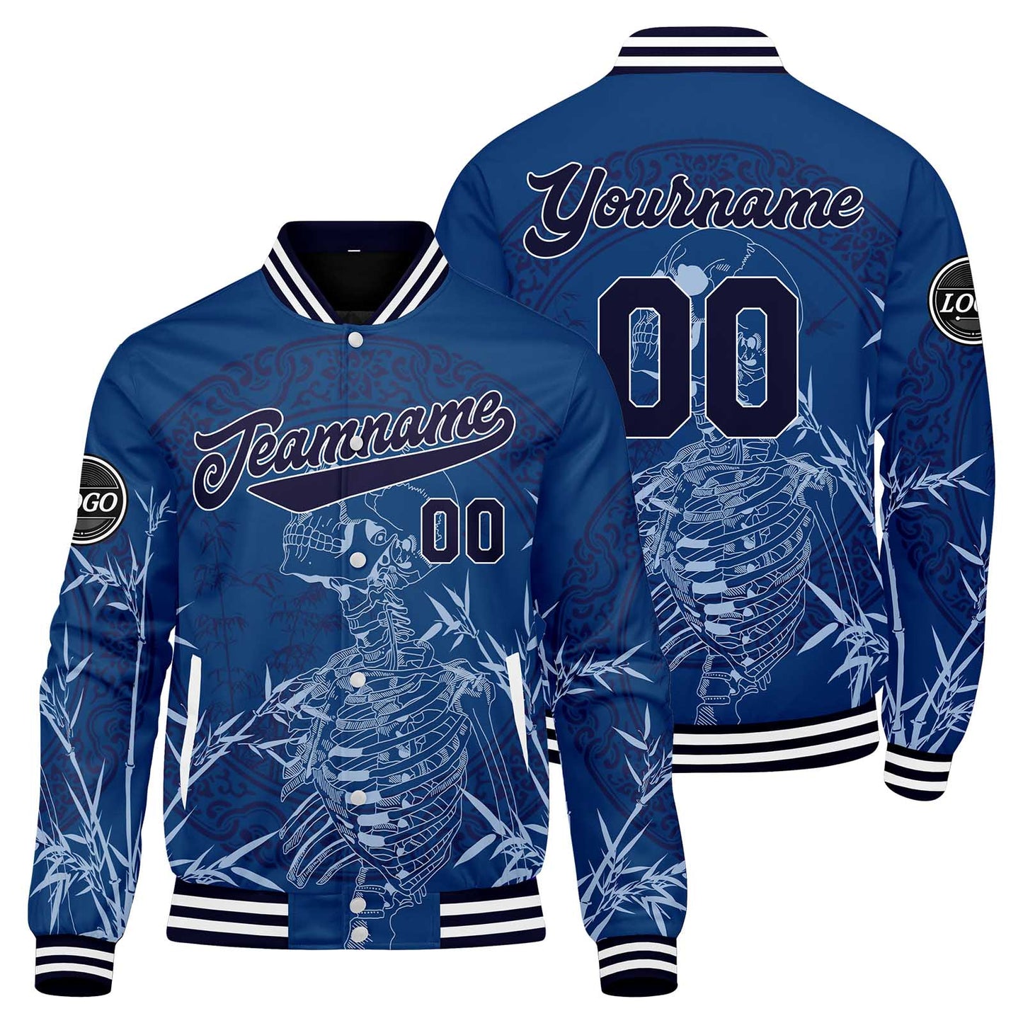 Benutzerdefinierte Blau Varsity-Jacke. Letterman-Jacke für Männer, Frauen und Jugendliche
