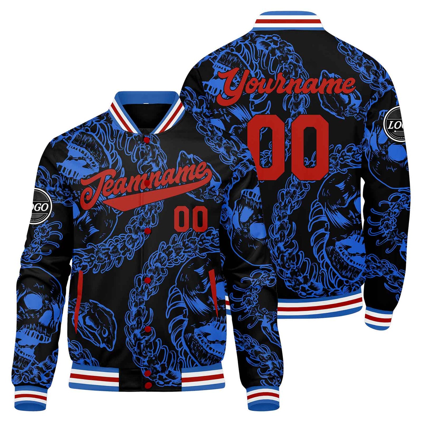 Benutzerdefinierte Blau Varsity-Jacke. Letterman-Jacke für Männer, Frauen und Jugendliche