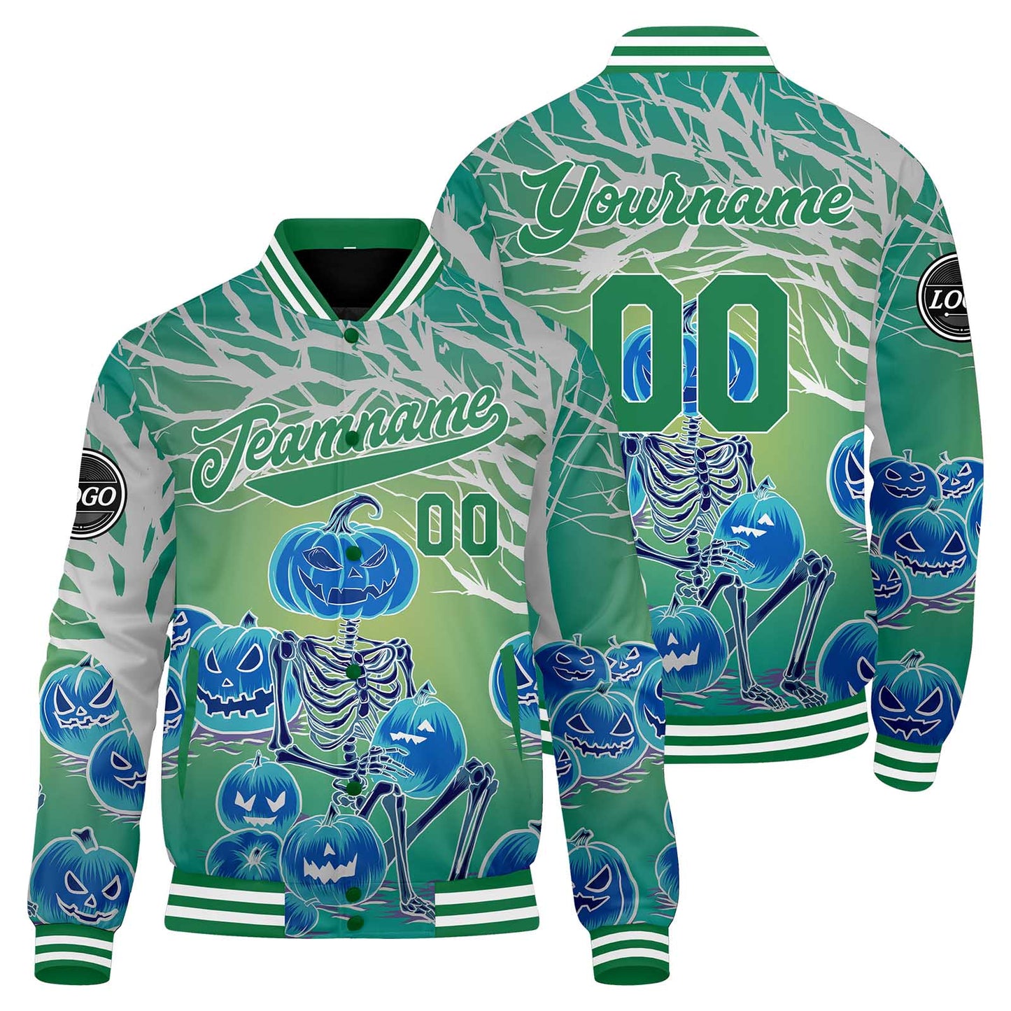 Benutzerdefinierte Blau Grün Varsity-Jacke. Letterman-Jacke für Männer, Frauen und Jugendliche