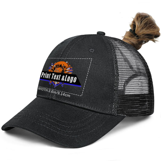 Kundenspezifisch  Schwarzer gewaschener Mesh-Cowboy-Hut für Männer und Frauen mit Pferdeschwanz und Klettverschluss Kann mit Logo-Text bedruckt werden