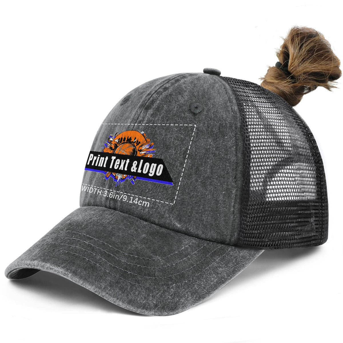 Kundenspezifisch Grau gewaschener Mesh-Cowboy-Hut für Männer und Frauen mit Pferdeschwanz und Klettverschluss Kann mit Logo-Text bedruckt werden
