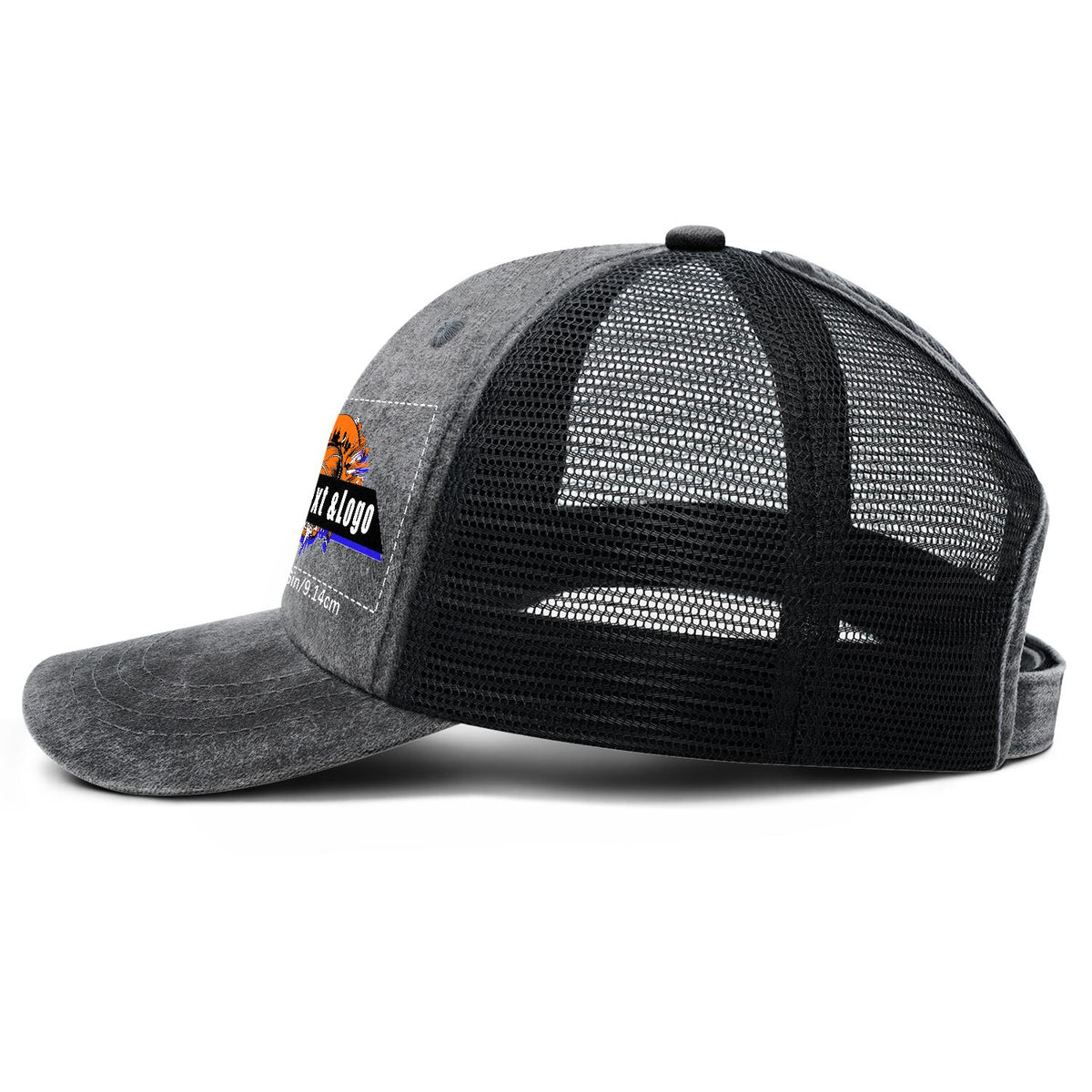 Kundenspezifisch Grau gewaschener Mesh-Cowboy-Hut für Männer und Frauen mit Pferdeschwanz und Klettverschluss Kann mit Logo-Text bedruckt werden