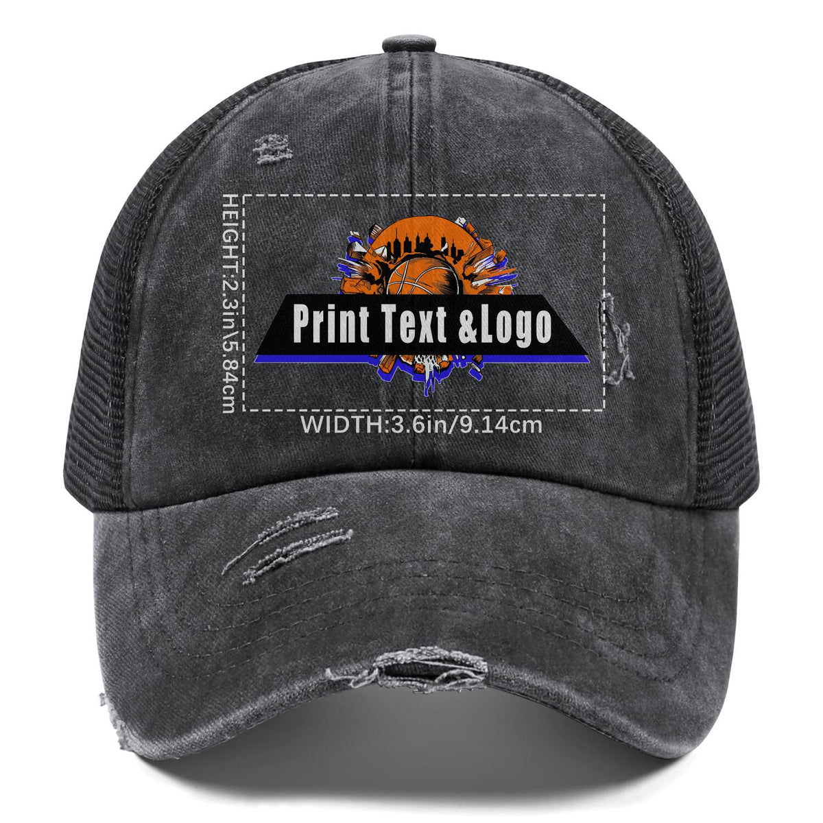 Kundenspezifisch Dunkelgrau gewaschener Mesh-Cowboy-Hut für Männer und Frauen mit Pferdeschwanz und Klettverschluss Kann mit Logo-Text bedruckt werden