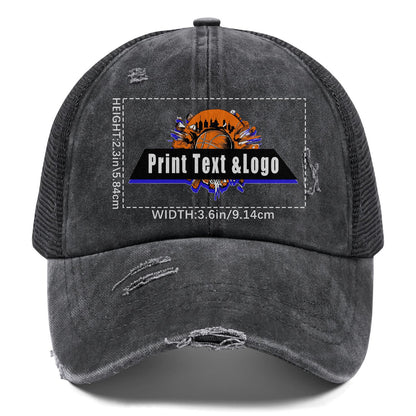 Kundenspezifisch Dunkelgrau gewaschener Mesh-Cowboy-Hut für Männer und Frauen mit Pferdeschwanz und Klettverschluss Kann mit Logo-Text bedruckt werden