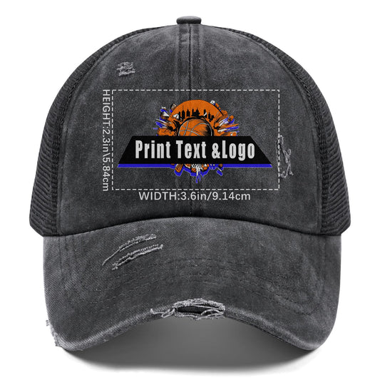 Kundenspezifisch Dunkelgrau gewaschener Mesh-Cowboy-Hut für Männer und Frauen mit Pferdeschwanz und Klettverschluss Kann mit Logo-Text bedruckt werden