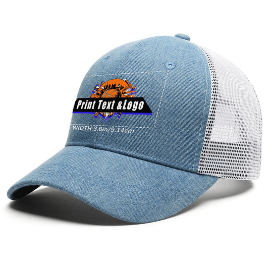 Benutzerdefiniert Blau Baseballmütze aus Denim mit atmungsaktiven Mesh-Einsätzen und lässigem Stil