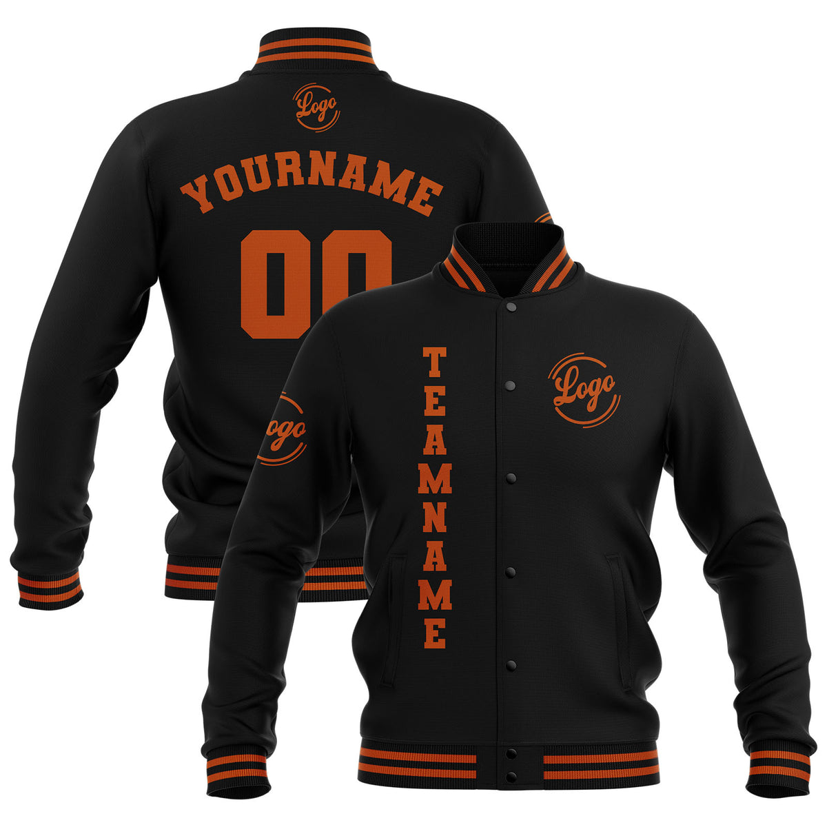 Benutzerdefiniert Schwarz Dunkel Orange Wasserdichte Varsity Jacken Personalisiert genäht Name Nummer Logo zu Letterman Jacken