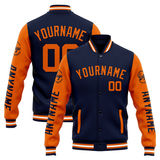 Benutzerdefinierte Varsity-Jacke. Letterman-Jacke für Männer, Frauen und Jugendliche Marine Orange