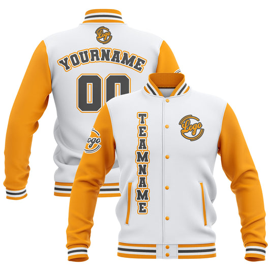 Benutzerdefiniert Weiß Gelb Grau Wasserdichte Varsity Jacken Personalisiert genäht Name Nummer Logo zu Letterman Jacken