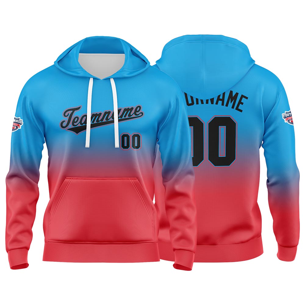 Benutzerdefinierter Verlauf Hoodie für Mann, Frau, Mädchen, Junge. Drucken Sie Ihr Logo, Ihren Namen und Ihre Nummer Blau Rot