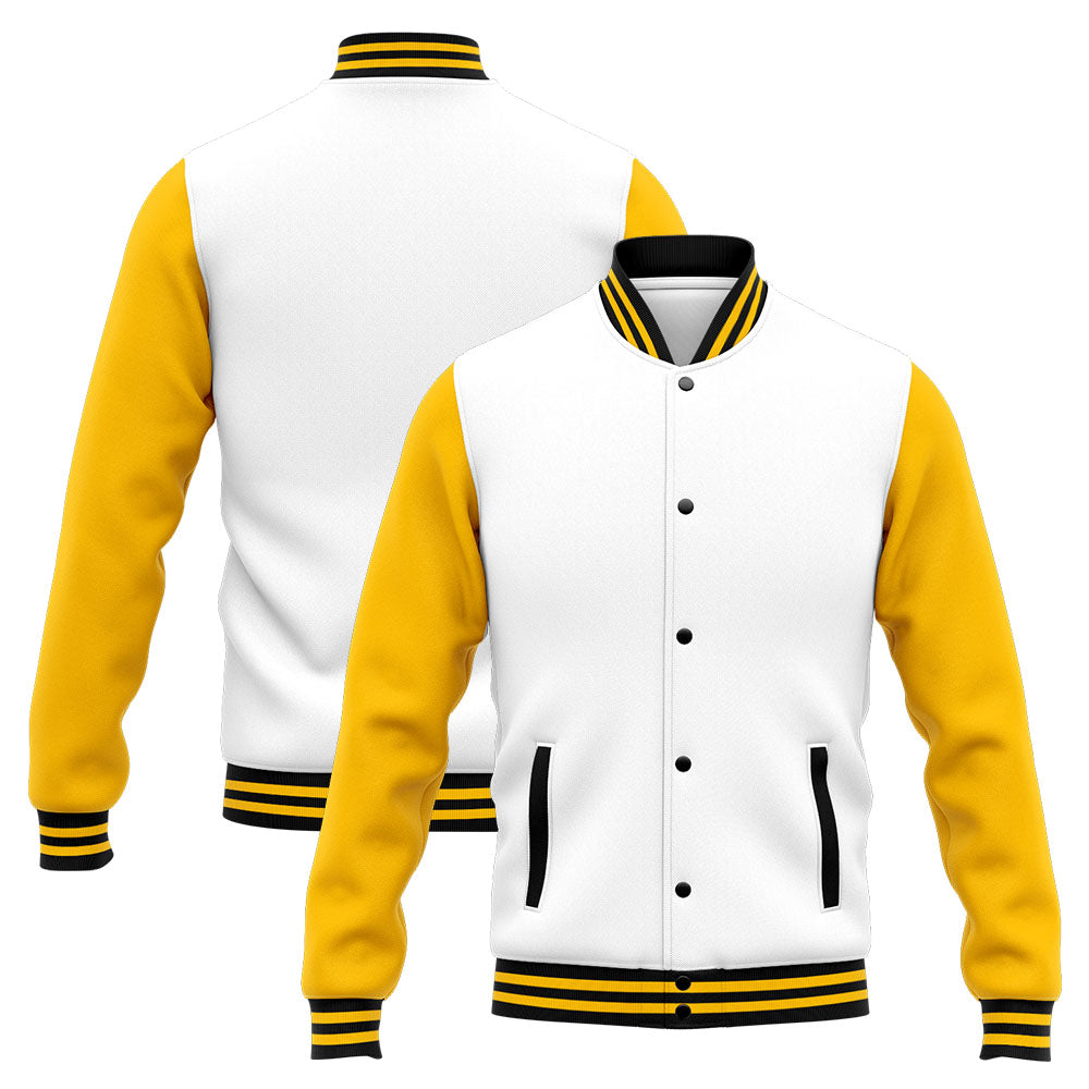 Benutzerdefinierte Varsity-Jacke. Letterman-Jacke für Männer, Frauen und Jugendliche Gelb Weiß