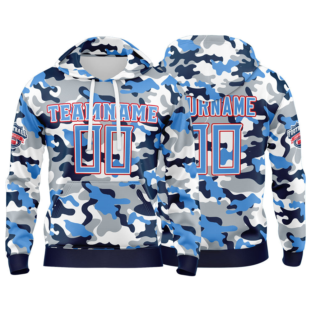 Benutzerdefinierter Sweatshirt-Hoodie für Mann, Frau, Mädchen, Junge. Drucken Sie Ihr Logo, Ihren Namen und Ihre Nummer Hellblau-Marineblau