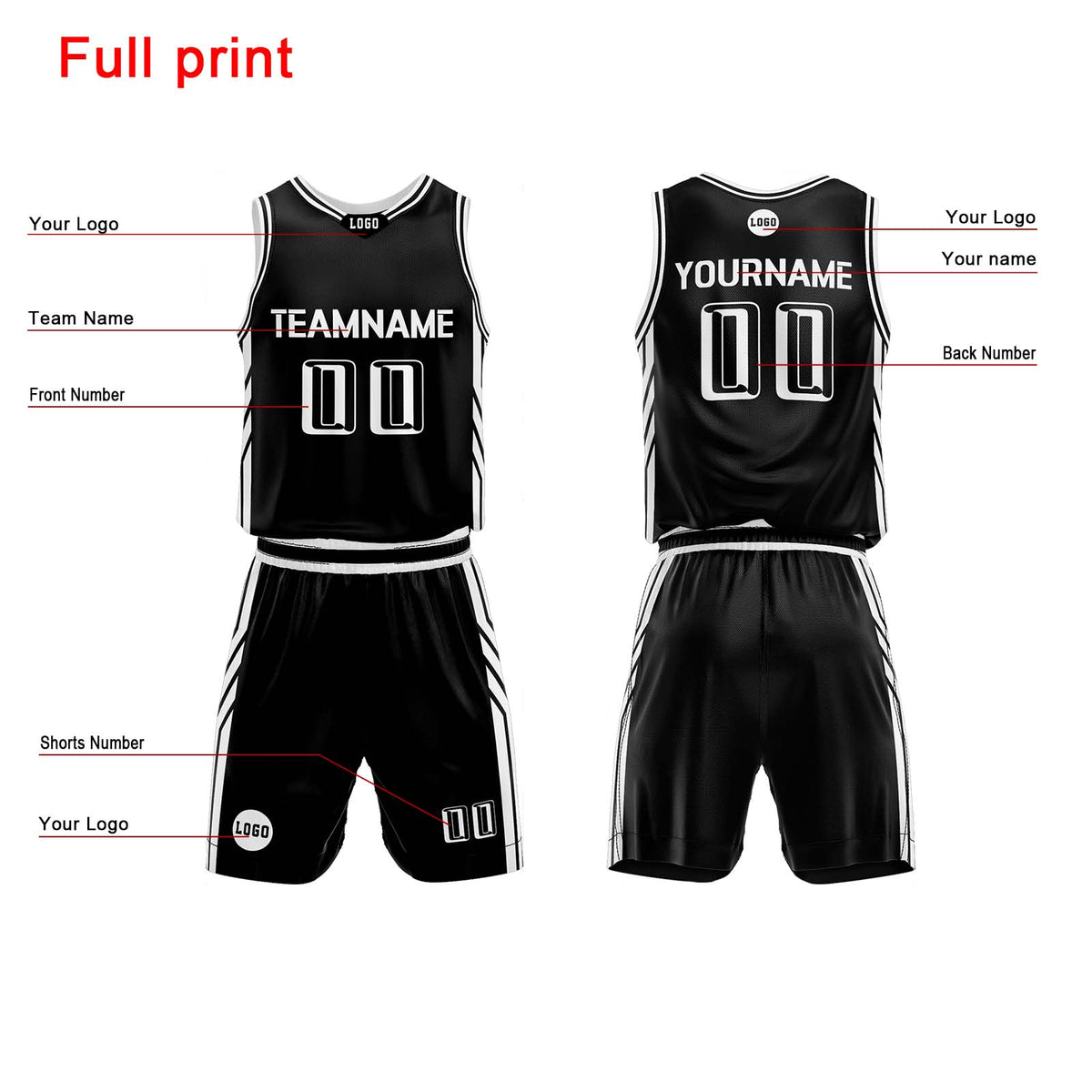 Benutzerdefinierter Schwarz Basketball Jersey Uniform Anzug gedruckt Ihr Logo Name Nummer