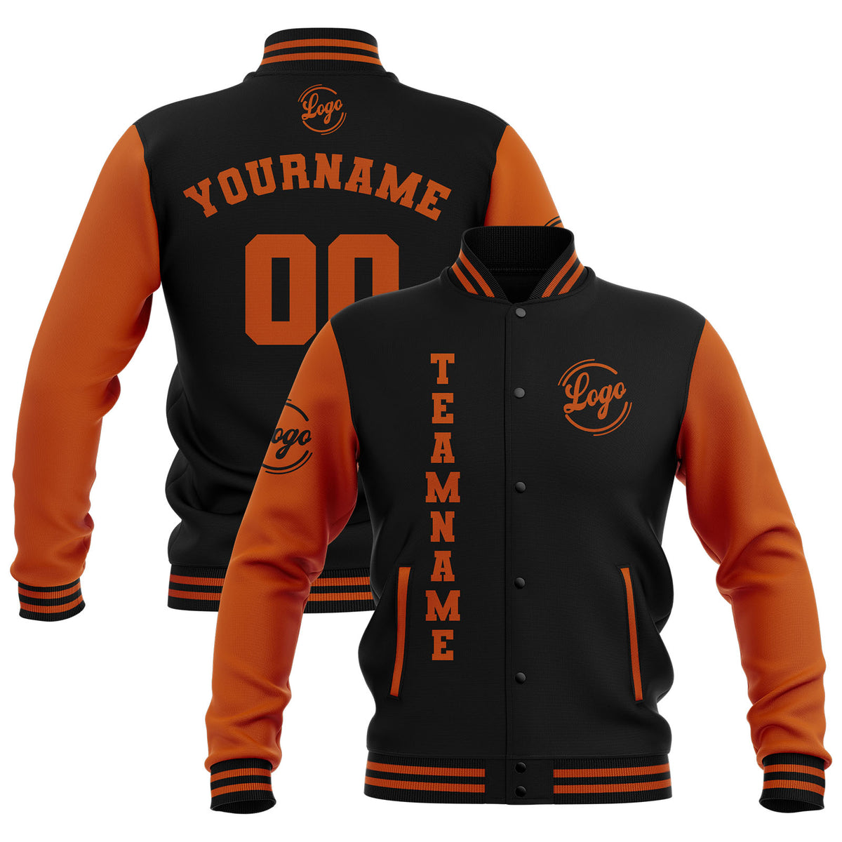 Benutzerdefiniert Schwarz Dunkel Orange Wasserdichte Varsity Jacken Personalisiert genäht Name Nummer Logo zu Letterman Jacken