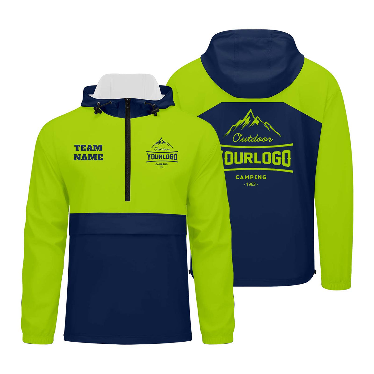 Anpassbare Marine Neon Grün  Winddichte Softshell Kapuzenjacke - Vollverschluss, Logo- & Text-Druck