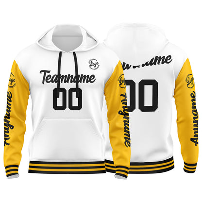 Benutzerdefinierter Gelb Weiß Hoodie für Mann, Frau, Mädchen, Junge. Drucken Sie Ihr Logo, Ihren Namen und Ihre Nummer