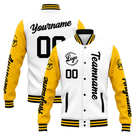 Benutzerdefinierte Varsity-Jacke. Letterman-Jacke für Männer, Frauen und Jugendliche Gelb Weiß