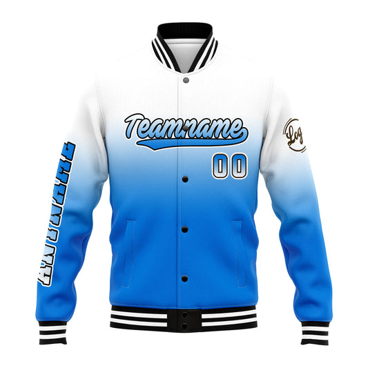 Benutzerdefinierte Verlauf Varsity-Jacke. Letterman-Jacke Weiß Blau