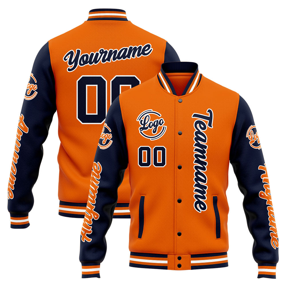 Benutzerdefinierte Varsity-Jacke. Letterman-Jacke für Männer, Frauen und Jugendliche Marine Orange