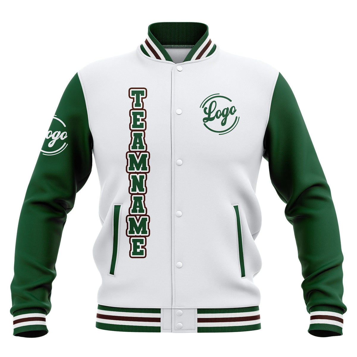 Benutzerdefiniert Weiß Grün Braun Wasserdichte Varsity Jacken Personalisiert genäht Name Nummer Logo zu Letterman Jacken