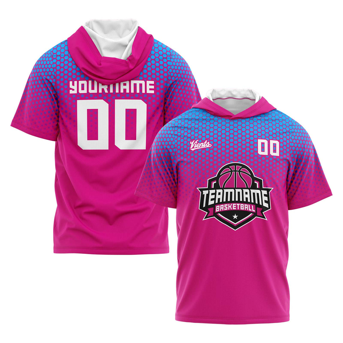 Benutzerdefinierte Rosa Hellblau Kurzarm-Kapuzenpullover für Männer Frauen Hemden mit Kapuzen gedruckt Name Logo