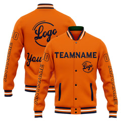 Benutzerdefinierte Varsity-Jacke. Letterman-Jacke für Männer, Frauen und Jugendliche Marine Orange