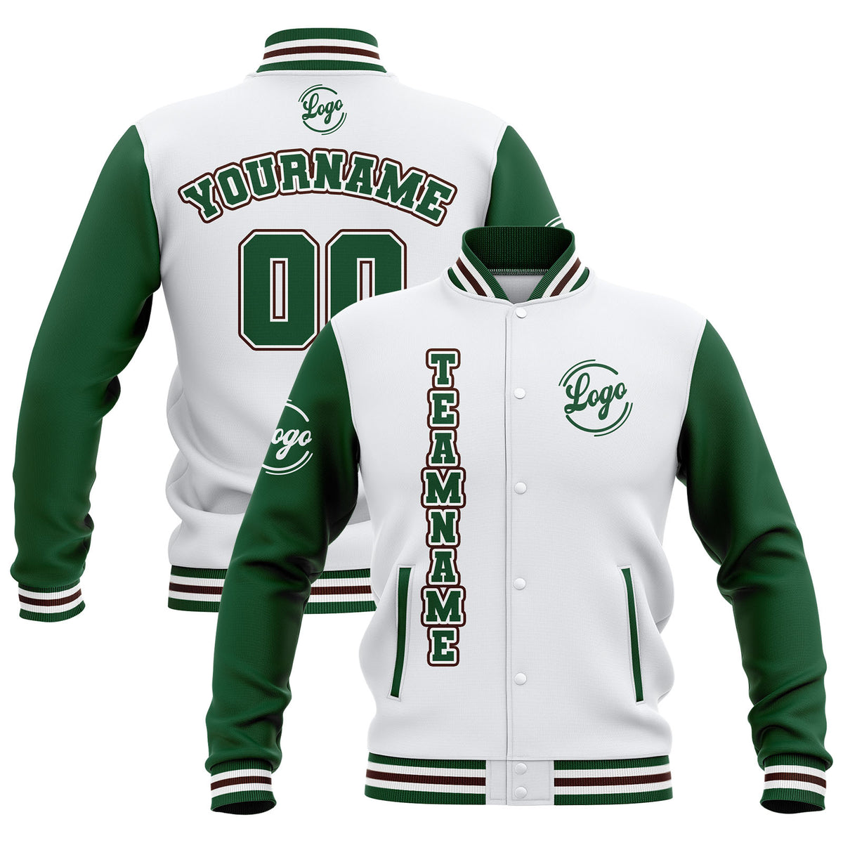 Benutzerdefiniert Weiß Grün Braun Wasserdichte Varsity Jacken Personalisiert genäht Name Nummer Logo zu Letterman Jacken