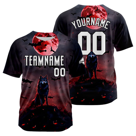 Benutzerdefinierte Baseball Jersey Personalisierte Baseball Shirt genäht und Druck Blutmond Wolf