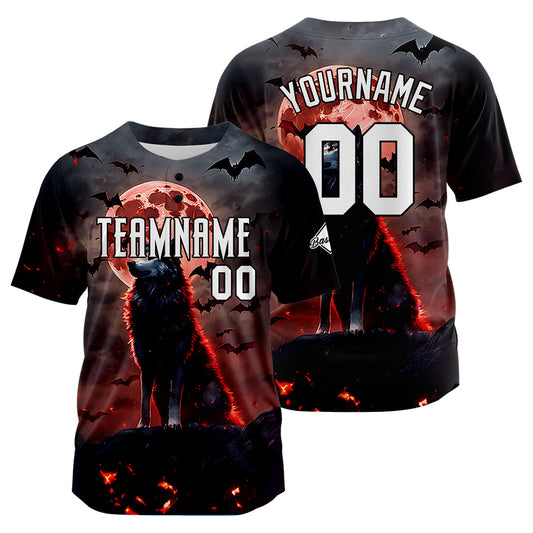 Benutzerdefinierte Baseball Jersey Personalisierte Baseball Shirt genäht und Druck Blutmond Wolf