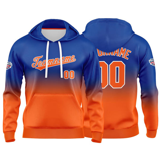 Benutzerdefinierter Verlauf Hoodie für Mann, Frau, Mädchen, Junge. Drucken Sie Ihr Logo, Ihren Namen und Ihre Nummer Royal Orange