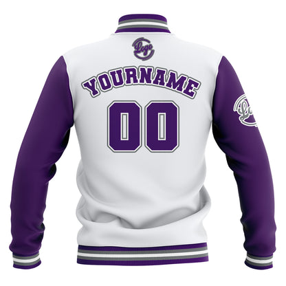 Benutzerdefiniert Weiß Lila Grau Wasserdichte Varsity Jacken Personalisiert genäht Name Nummer Logo zu Letterman Jacken