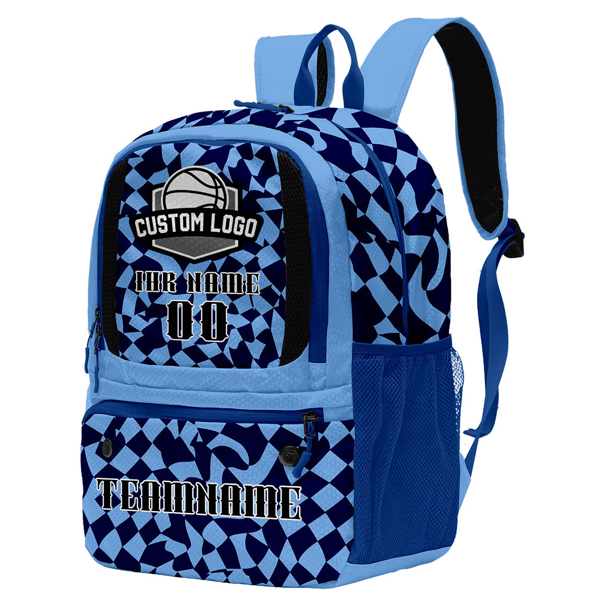 Personalisierter Basketball - und Fußballrucksack in Hellblau und Dunkelblau mit Spielernamen & Nummern und Teamlogo #BP-0919-0020