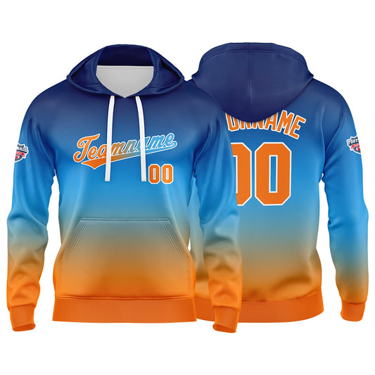 Benutzerdefinierter Verlauf Hoodie für Mann, Frau, Mädchen, Junge. Drucken Sie Ihr Logo, Ihren Namen und Ihre Nummer Blau Orange