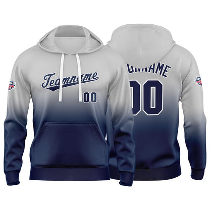 Benutzerdefinierter Verlauf Hoodie für Mann, Frau, Mädchen, Junge. Drucken Sie Ihr Logo, Ihren Namen und Ihre Nummer Grau Marine