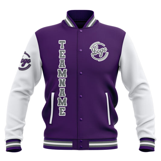 Benutzerdefiniert Lila Weiß Grau Wasserdichte Varsity Jacken Personalisiert genäht Name Nummer Logo zu Letterman Jacken