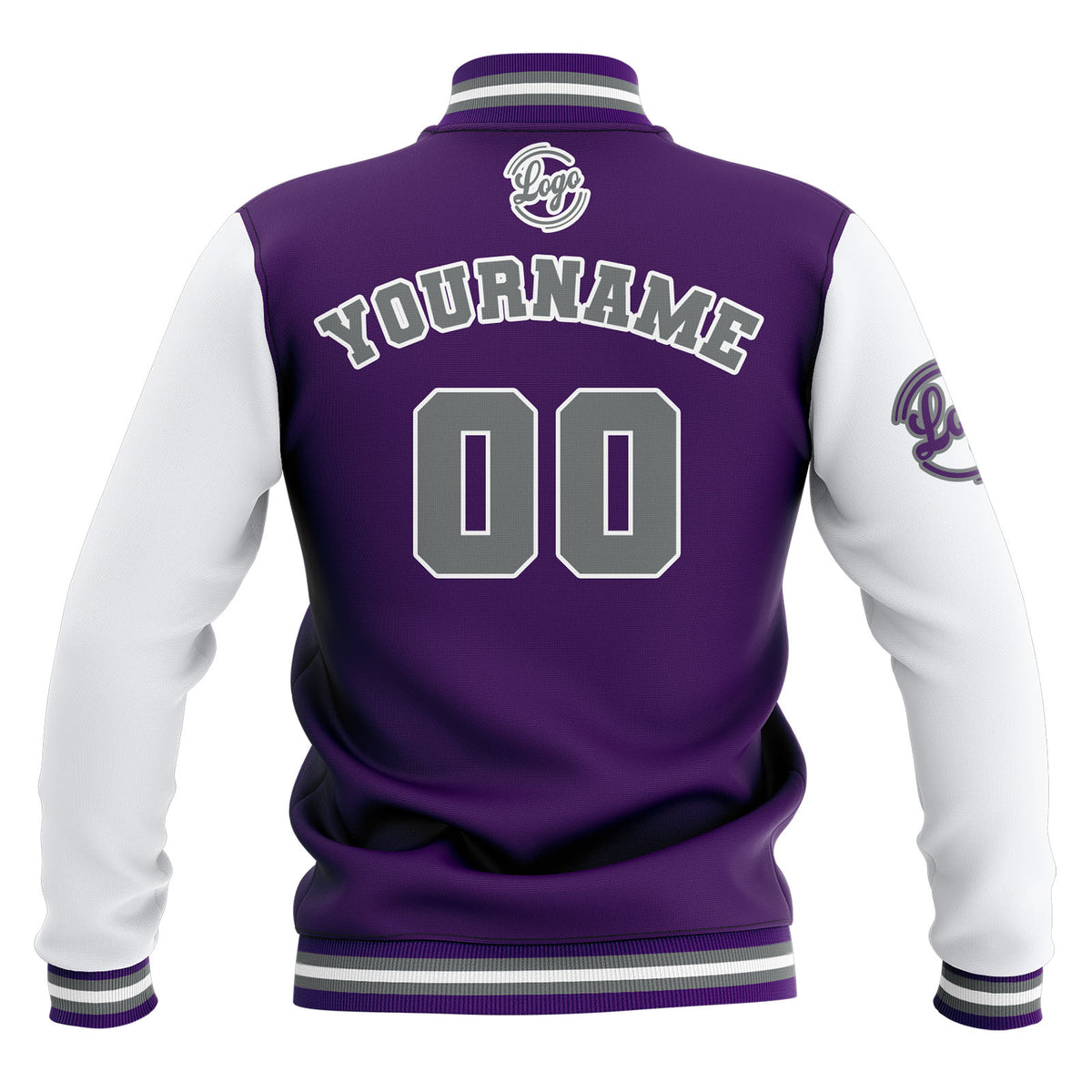 Benutzerdefiniert Lila Weiß Grau Wasserdichte Varsity Jacken Personalisiert genäht Name Nummer Logo zu Letterman Jacken