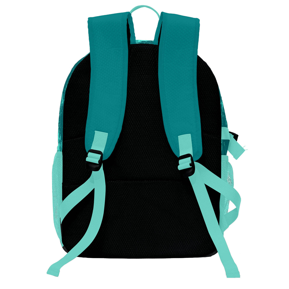 Personalisierter Basketball - und Fußballrucksack in Cyanblau mit Spielernamen & Nummern und Teamlogo #BP-0919-0010