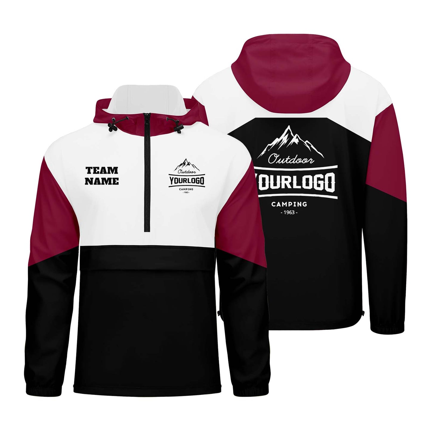 Anpassbare Karminrot Weiß Schwarz Winddichte Softshell Kapuzenjacke - Vollverschluss, Logo- & Text-Druck
