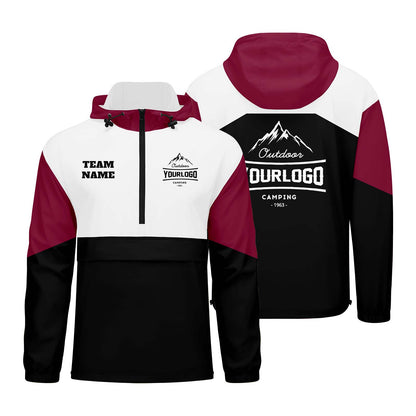 Anpassbare Karminrot Weiß Schwarz Winddichte Softshell Kapuzenjacke - Vollverschluss, Logo- & Text-Druck