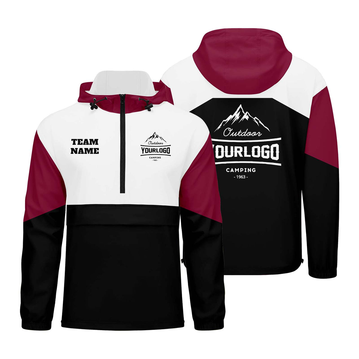 Anpassbare Karminrot Weiß Schwarz Winddichte Softshell Kapuzenjacke - Vollverschluss, Logo- & Text-Druck