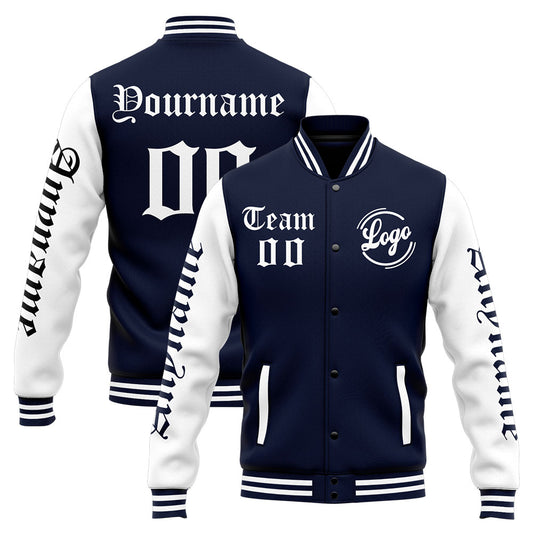 Benutzerdefinierte Varsity-Jacke. Letterman-Jacke für Männer, Frauen und Jugendliche Marine Weiß