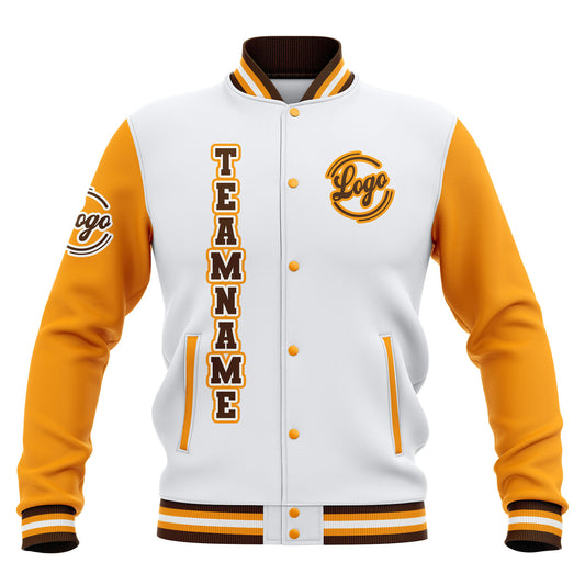 Benutzerdefiniert Weiß Gelb Braun Wasserdichte Varsity Jacken Personalisiert genäht Name Nummer Logo zu Letterman Jacken