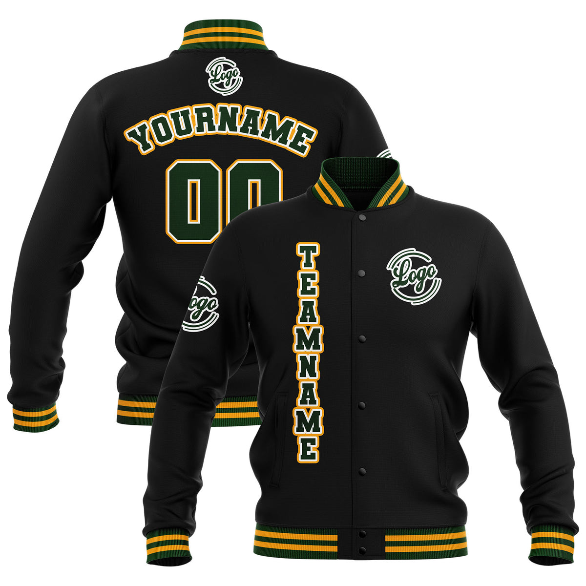 Benutzerdefiniert Schwarz Drak Grün Gelb Wasserdichte Varsity Jacken Personalisiert genäht Name Nummer Logo zu Letterman Jacken