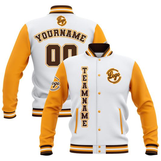 Benutzerdefiniert Weiß Gelb Braun Wasserdichte Varsity Jacken Personalisiert genäht Name Nummer Logo zu Letterman Jacken